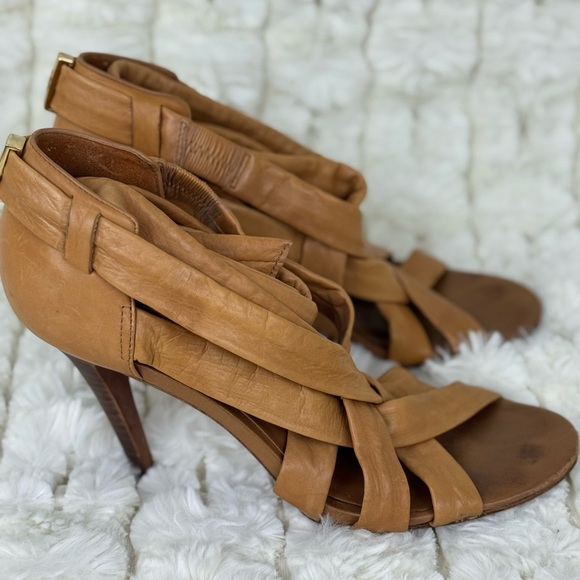 Tory Burch Wrap Up Heel - Lounge-Baby Tan Leather Shoes Stiletto Heel Size 8M - Picture 12 of 13